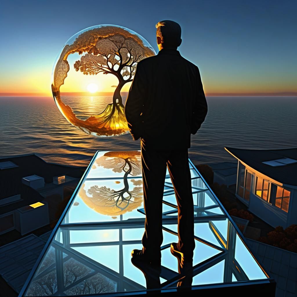 Man Observes Sunset Inside Glass Mandelbulb House