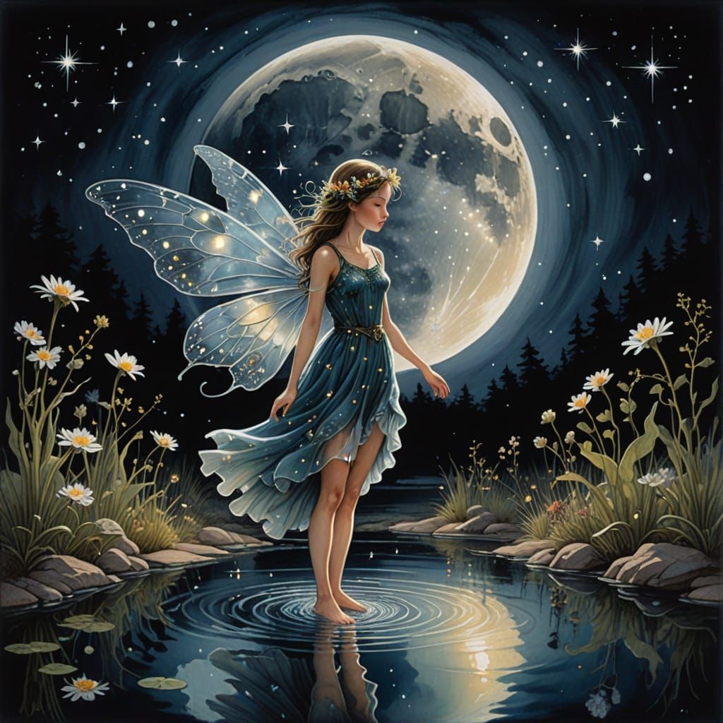 Constellation Fairy in Moonlit Pool, Shirley Barber Style