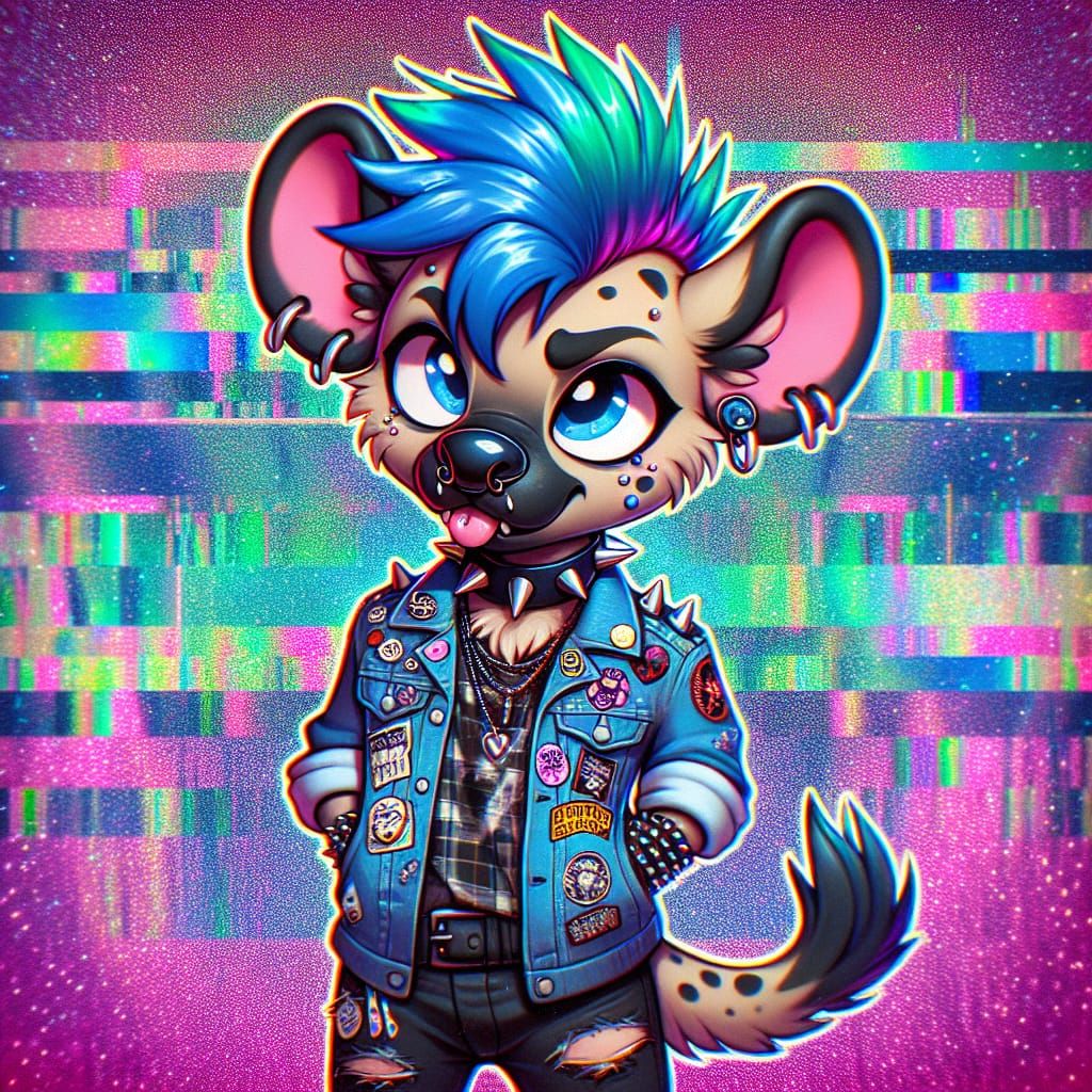 Rebellious Blue Mohawk Hyena in Punk Attire