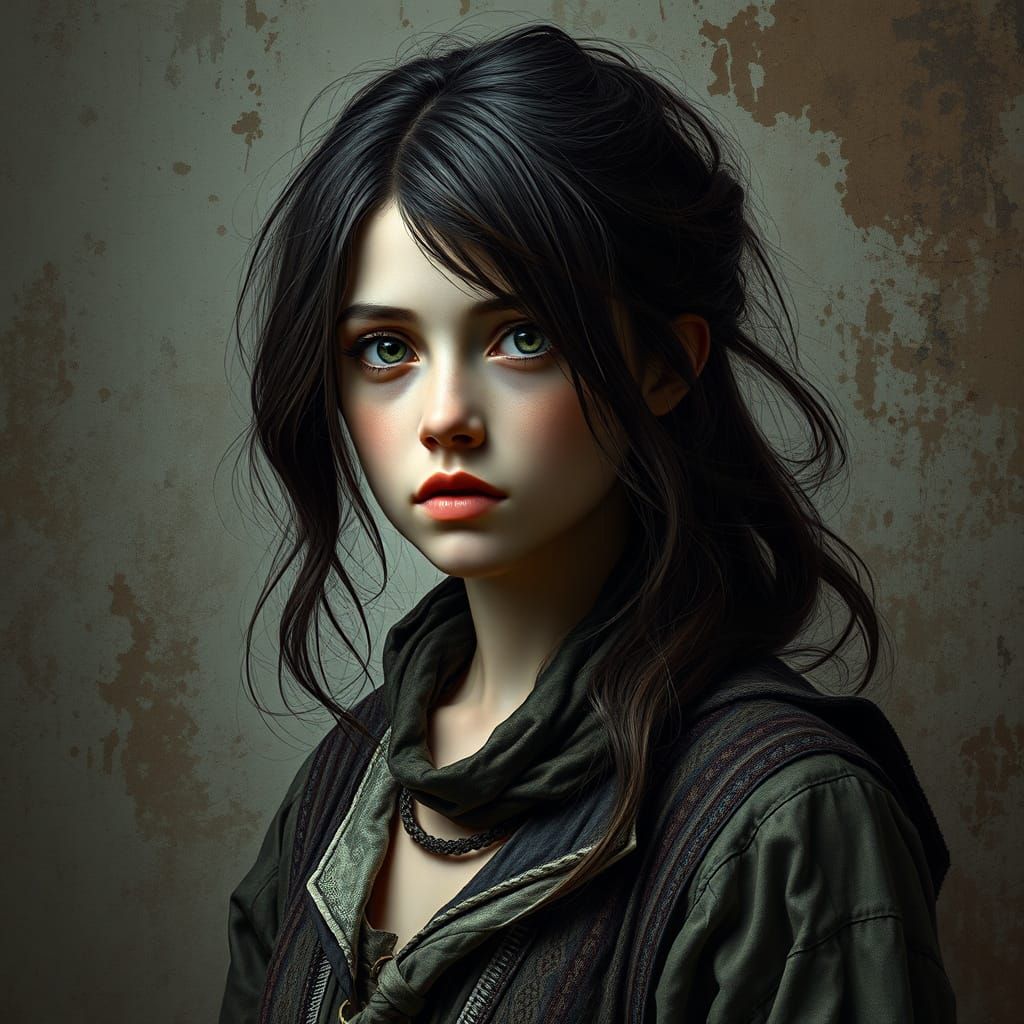 A young woman with a contemplative expression stands against...