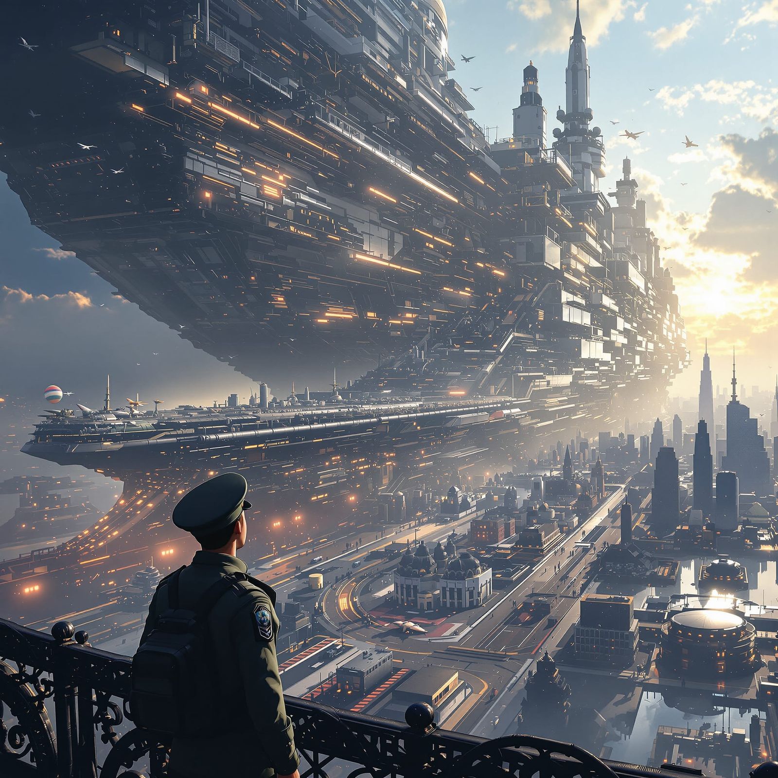 Astonished Soldier Views Infinite Battleship Cityscape