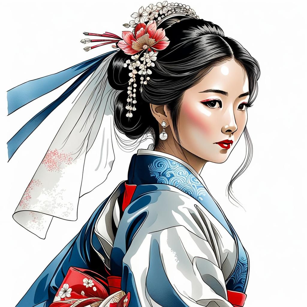 Japanese Bride in Traditional Dress: Pen and Ink