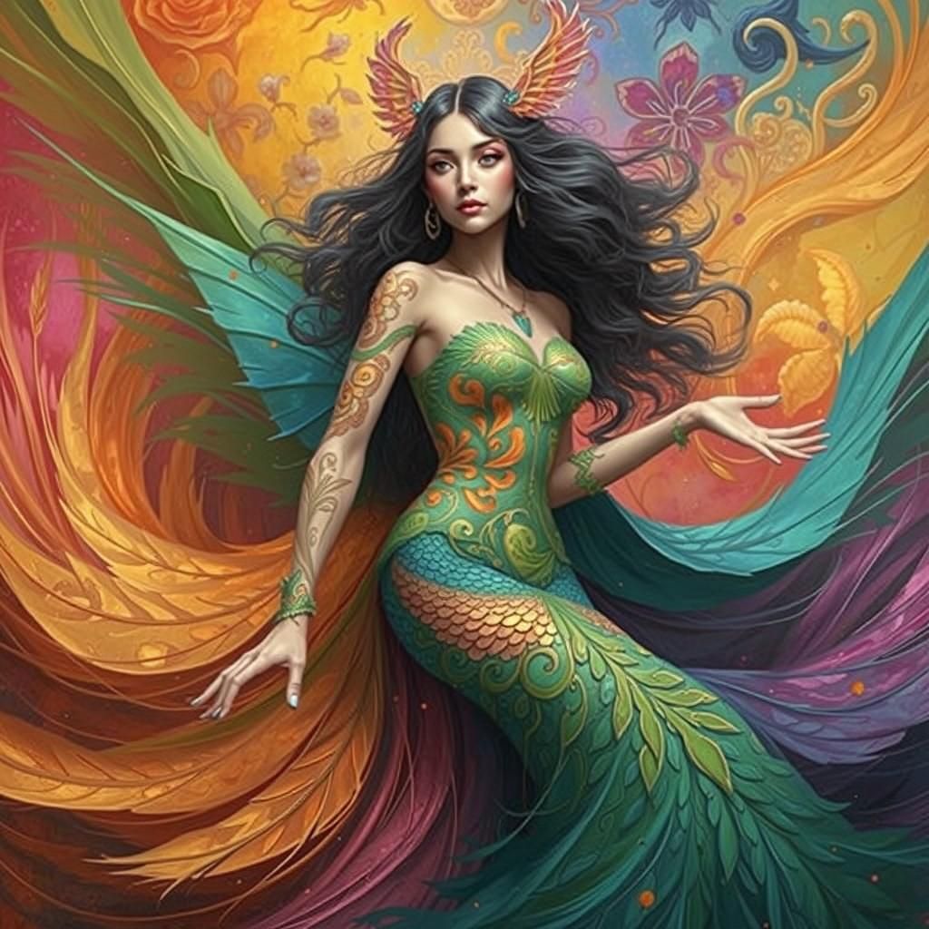 Dragon Peacock Woman in Abstract Fauvism Style