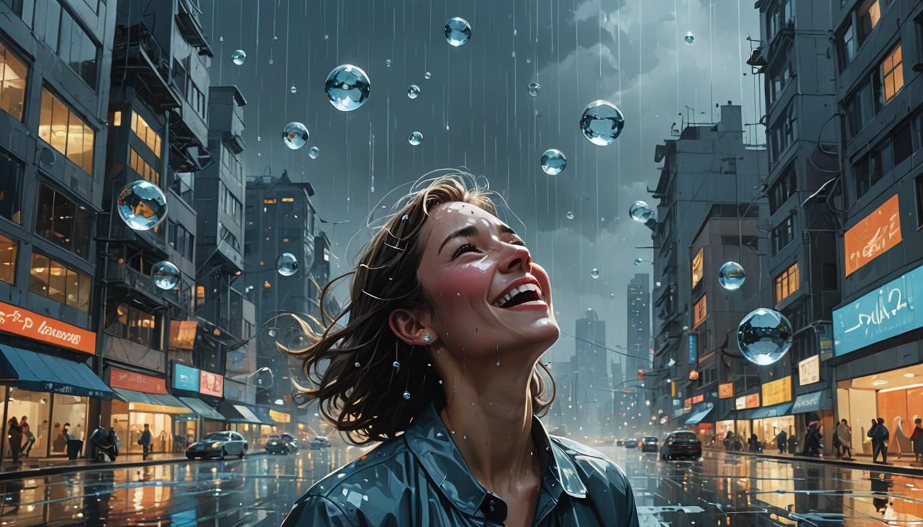 Woman Laughing in Rain, Hyperrealistic 3D Render