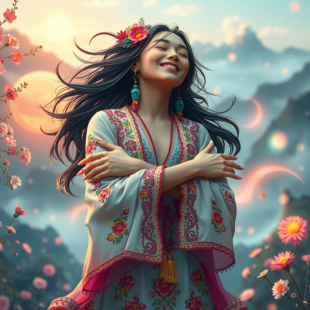 Serene Woman in Hippie Style Clothing, Digital Art