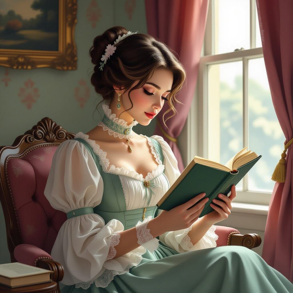 Victorian Lady Reading Book, Illustrative Art