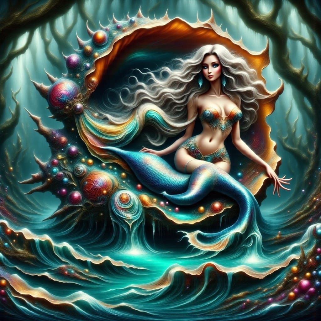 Mermaid in a shell, forest scene