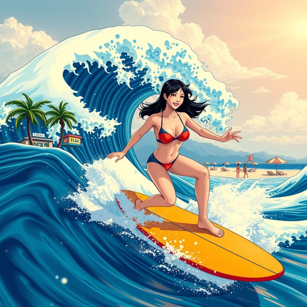 Surfer Girl Rides Wave in Hokusai Candy Art Style