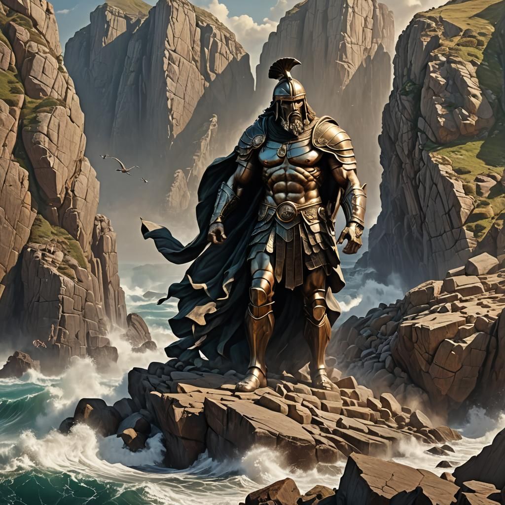Epic Spartan Statue on Rocky Coastline