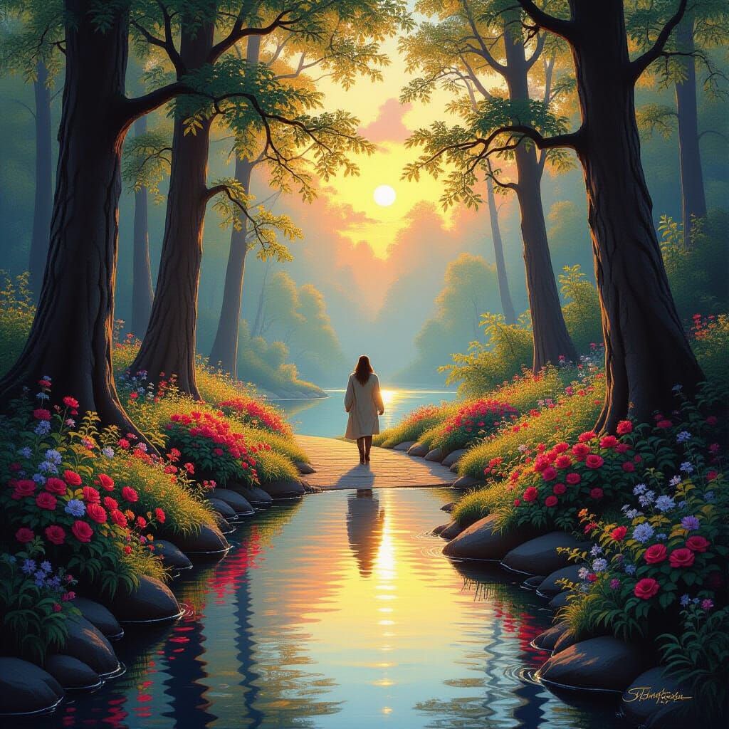 Ethereal Path to a Crystal Pond in Kinkade Style