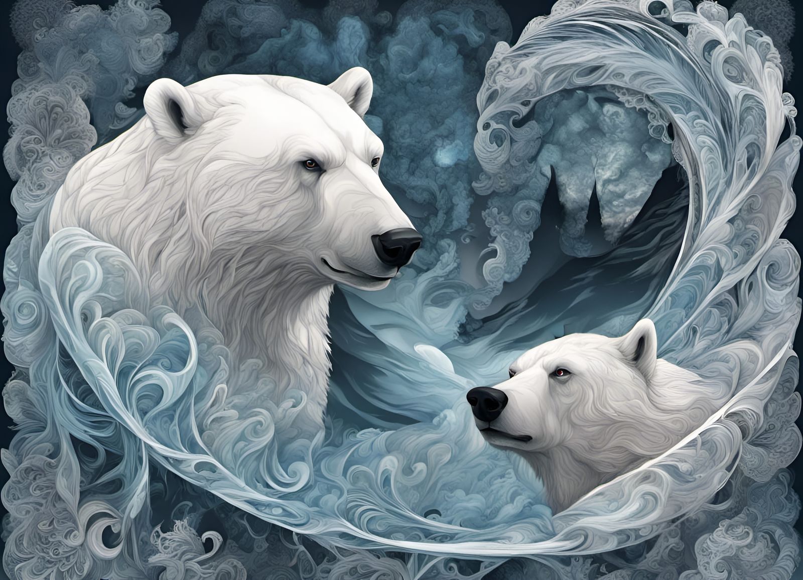 Mythical Polar Bear and Wolf in Frozen Realm