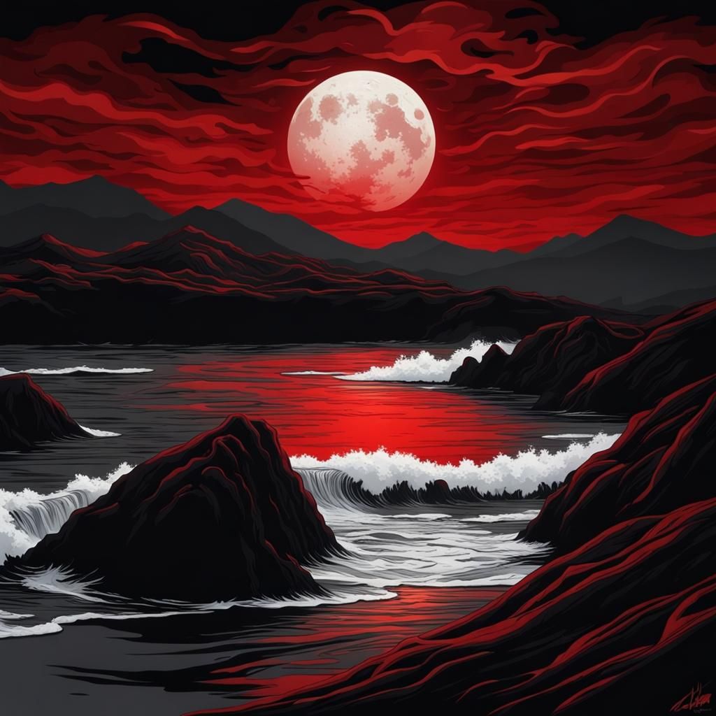 Surreal Dark Landscape with Red Moon