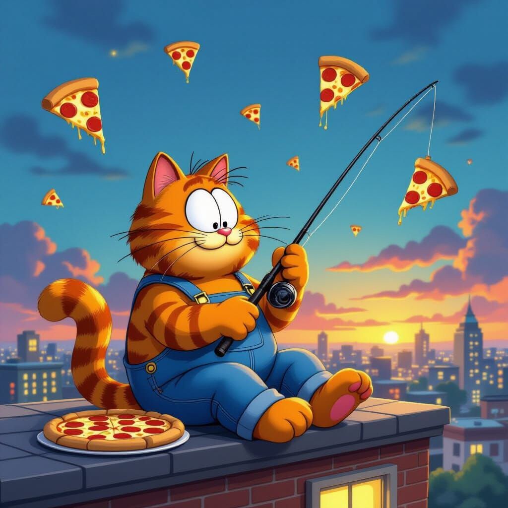 Fat Cat Fishes for Pizza on Rooftop in Cartoon Style