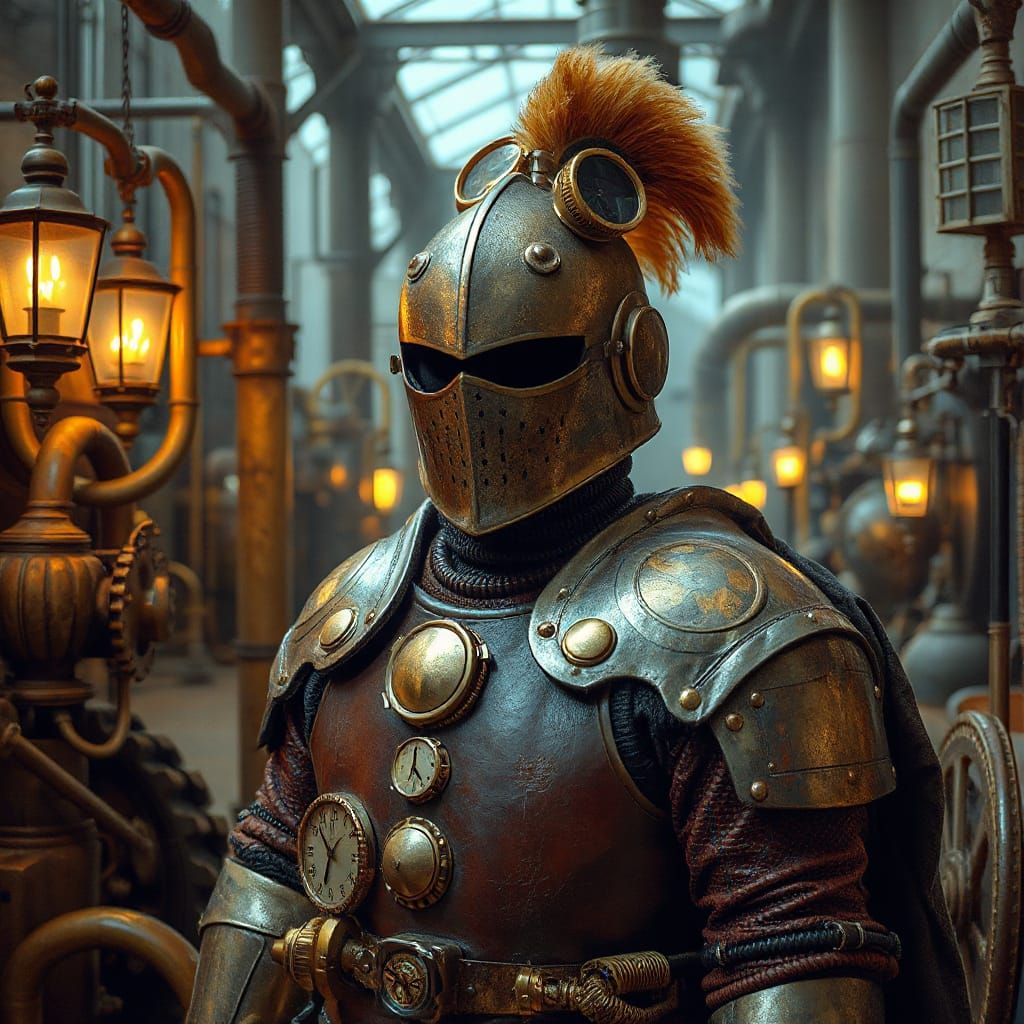 Whimsical Steampunk Knight in Industrial Fantasy
