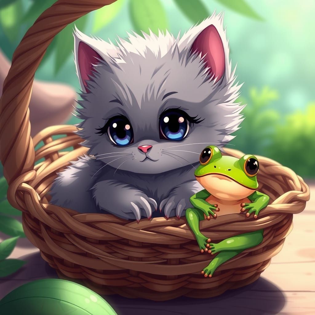 Cute Anime Kitten and Frog Sit Together in a Woven Basket