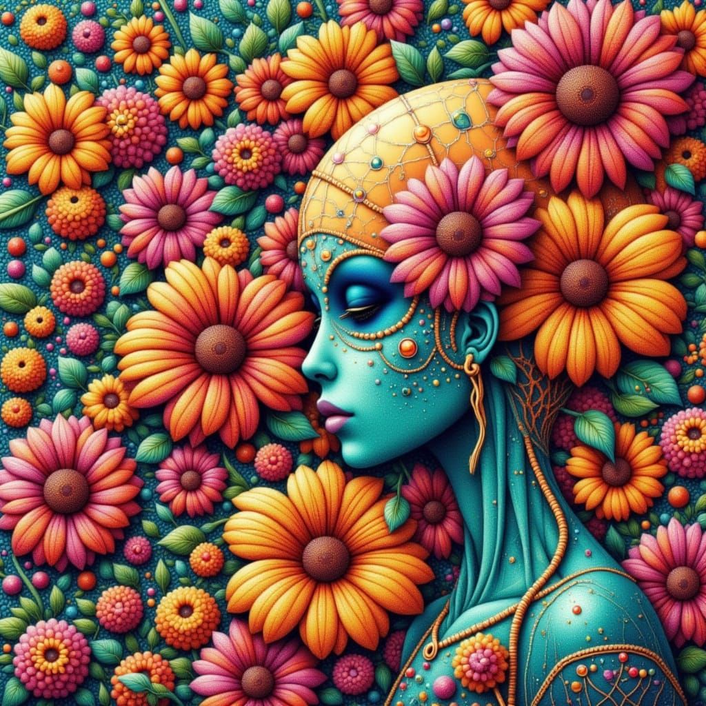 <lora:Cracked Pastel Flux:1.0> <lora:dot pointalism:1.0> Red, Orange, green, teal, turquoise purple large alien flowing ...