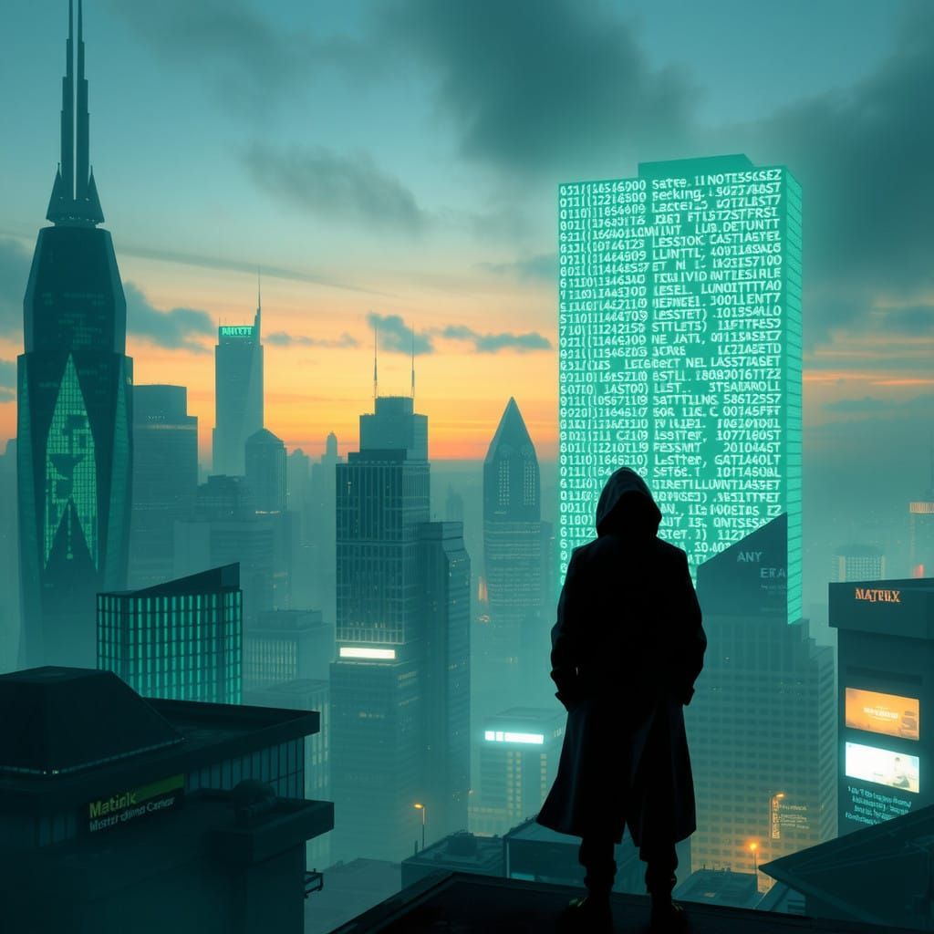 Cyberpunk Cityscape with Glowing Matrix Code Display