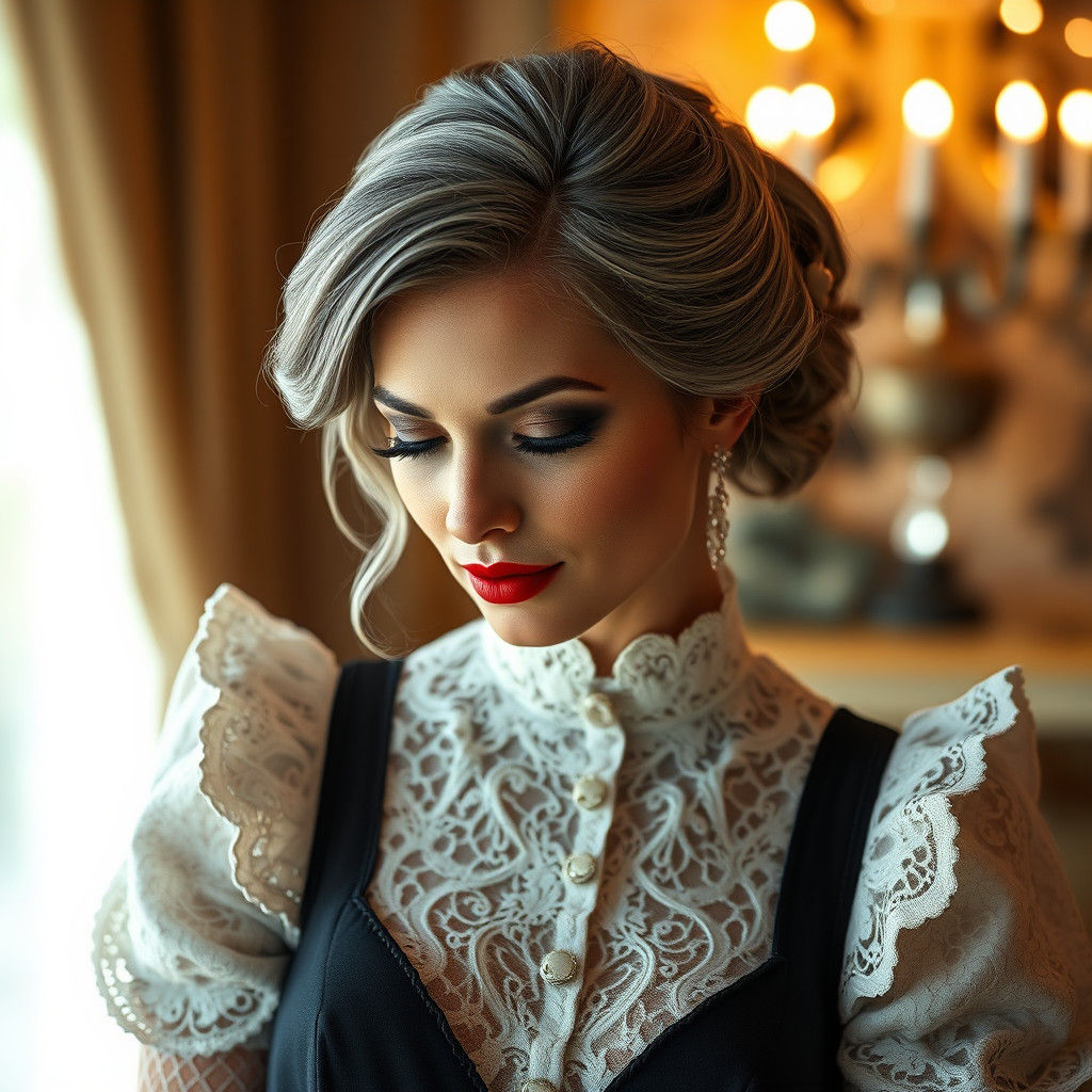 Elegant Woman in Lace French Maid Uniform