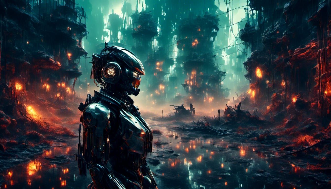 Cyborg Robot in Trashpunk Wasteland with Ethereal Lighting