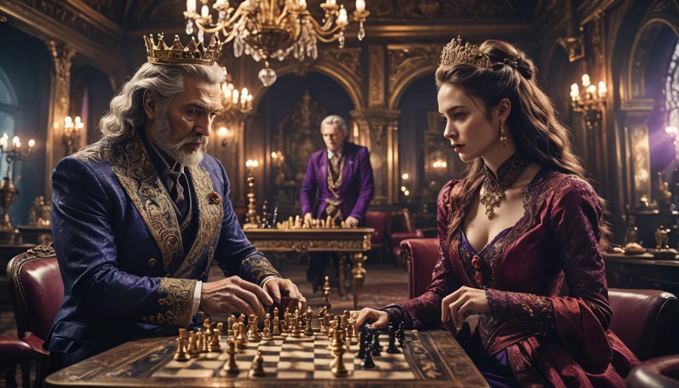 Old King and Lady Play Chess in Baroque Art Nouveau Style