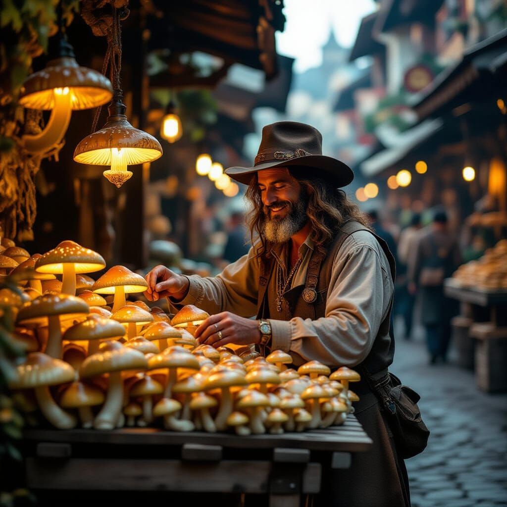 Vintage Hippy Arranges Glowing Mushrooms on Stall