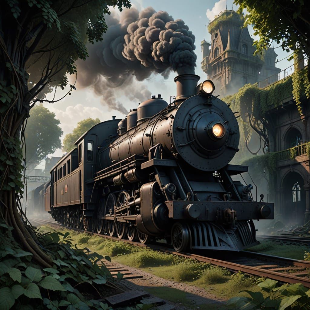 Colossal Biomechanical Steam Train in Overgrown City
