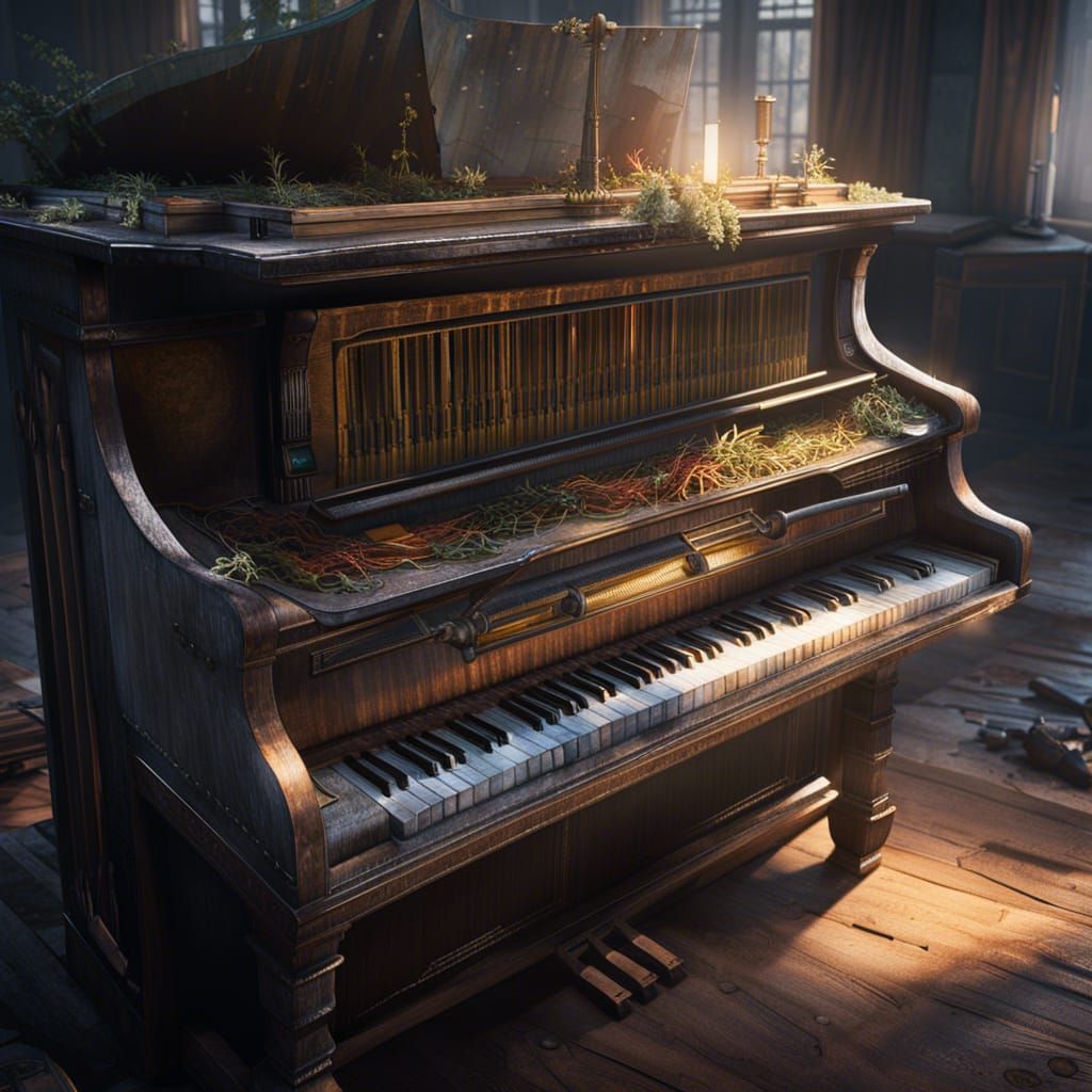 Hyperrealistic Watercolor Piano in Post-Apocalyptic Setting