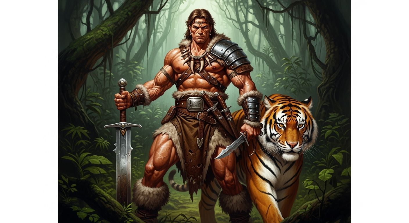 Barbarian Warrior and Tiger in Tropical Forest
