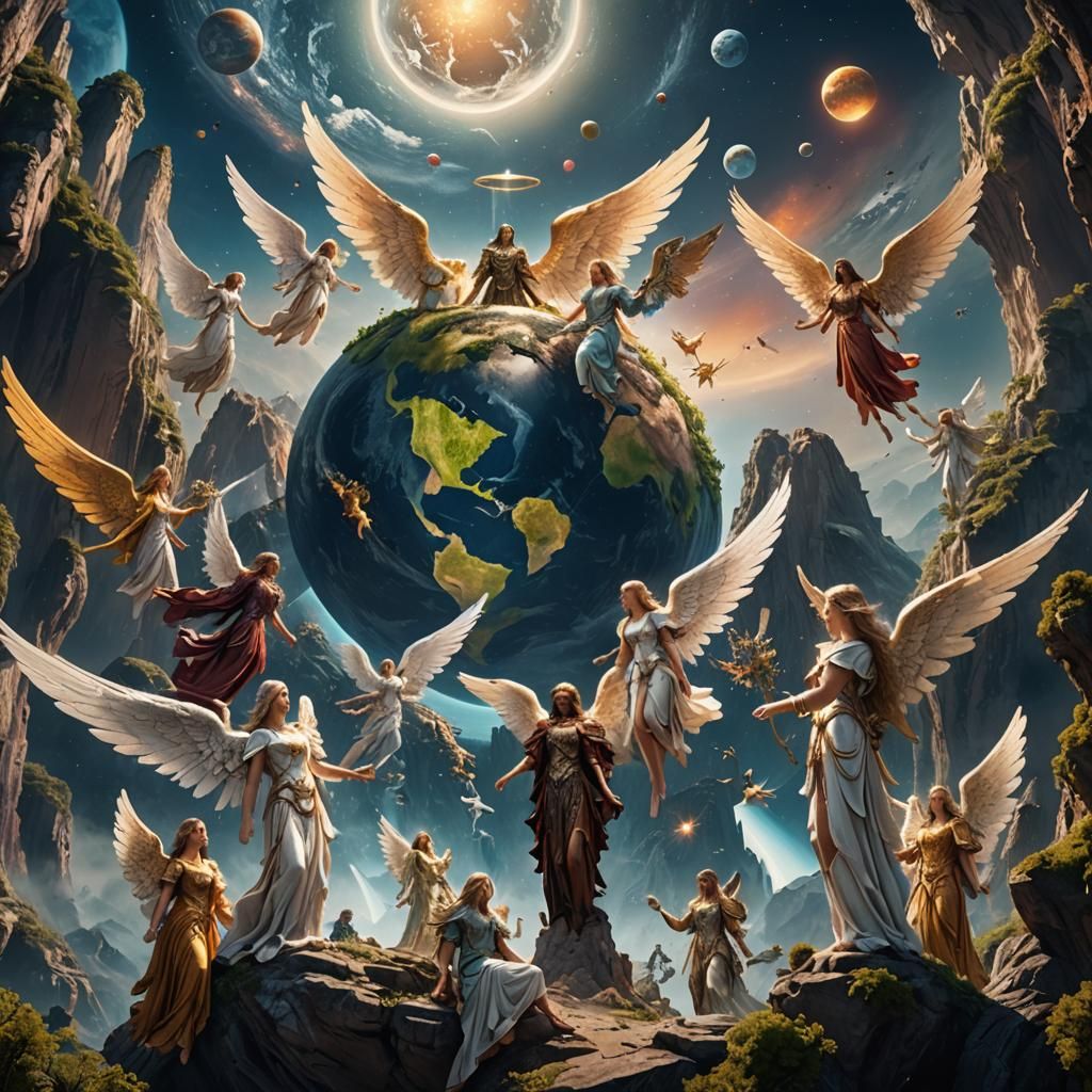 Group of beautiful Angels watching over planet earth