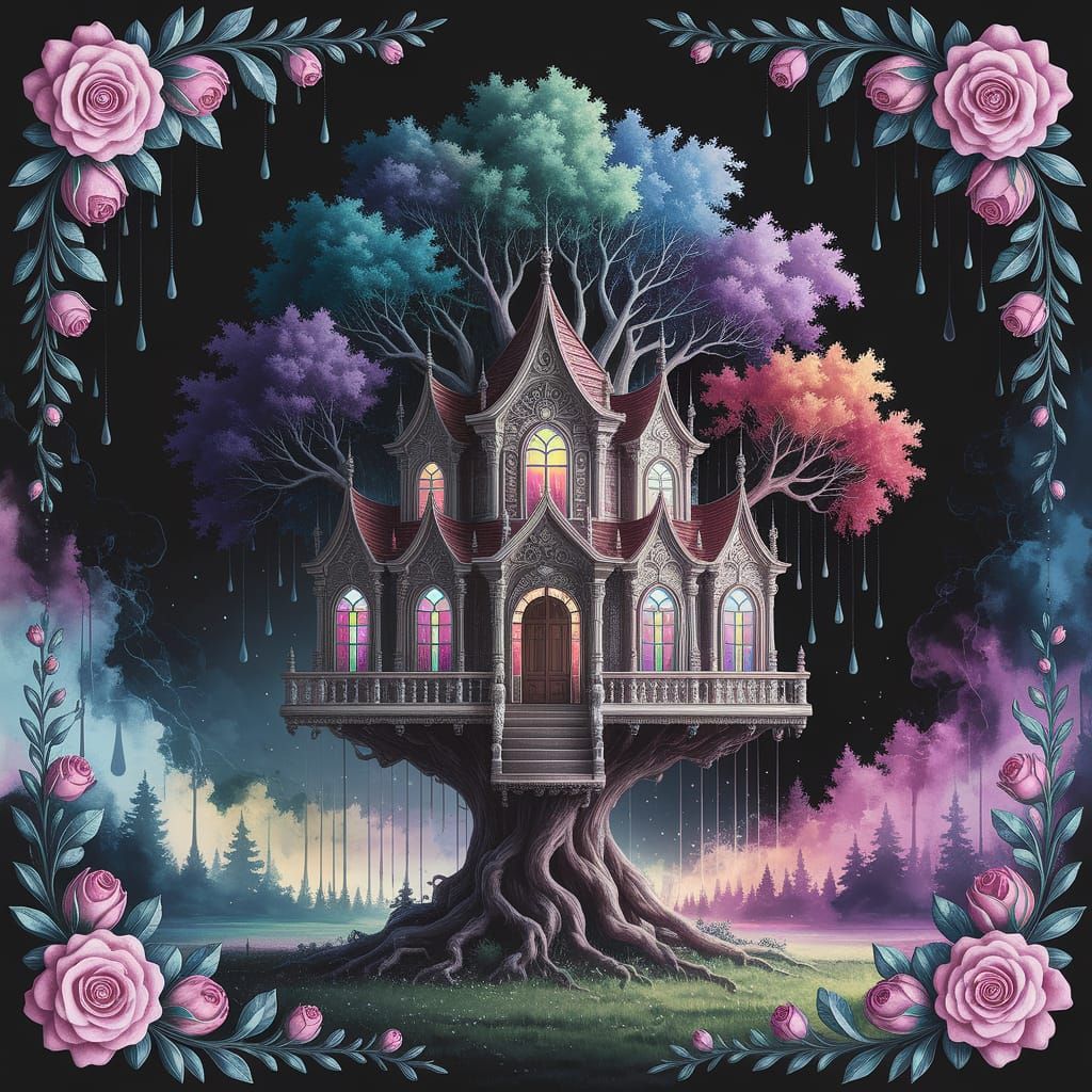 Intricate Treehouse in Double Exposure Style