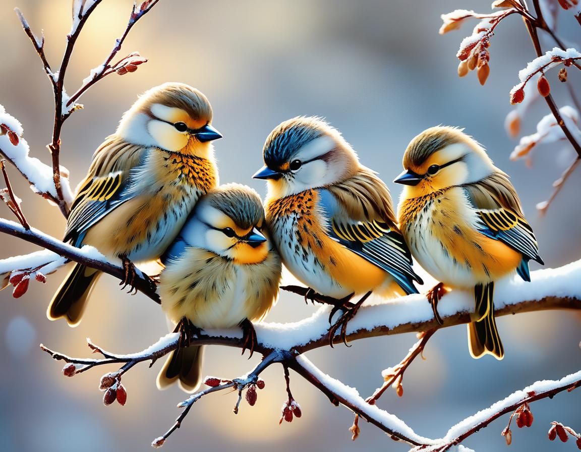 Whimsical Winter Birds Huddle in Gentle Snowfall