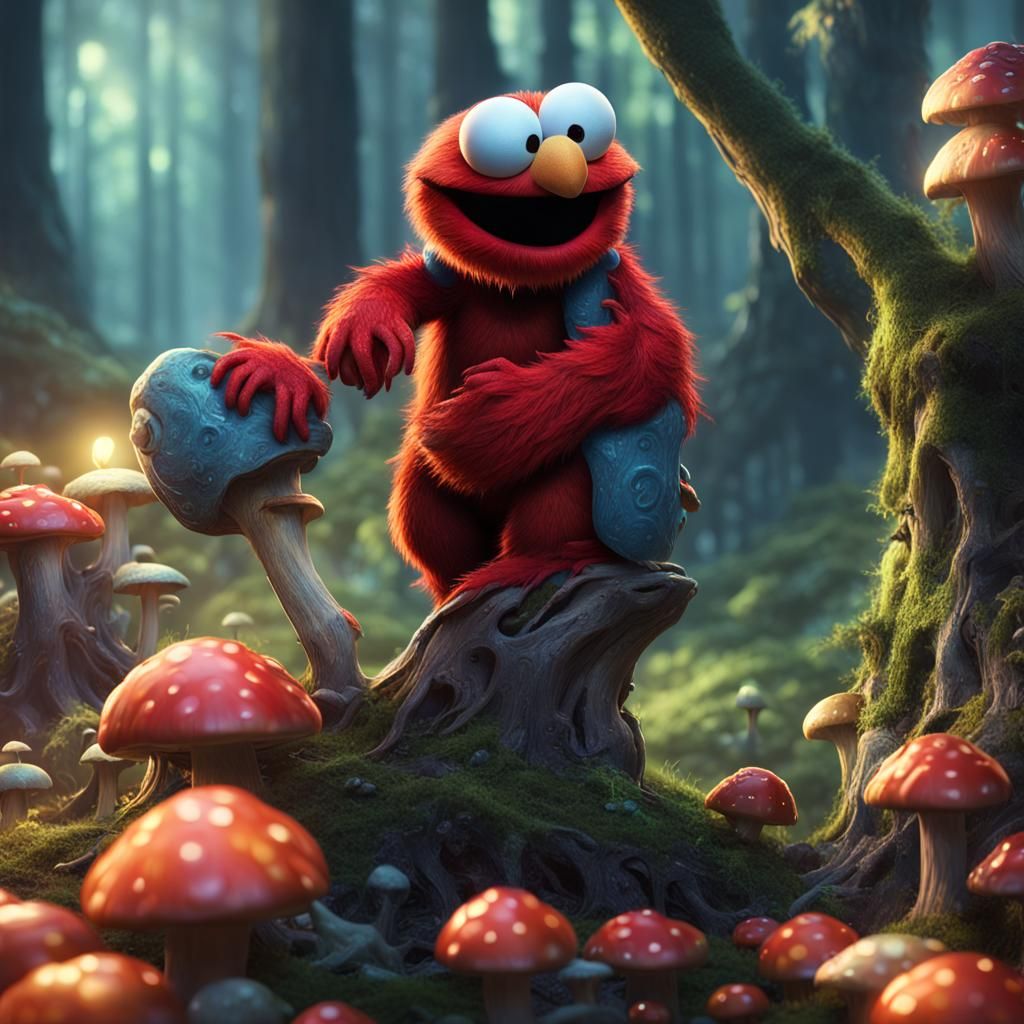 Eerie Elmo with Sharp Teeth in Fantasy Forest