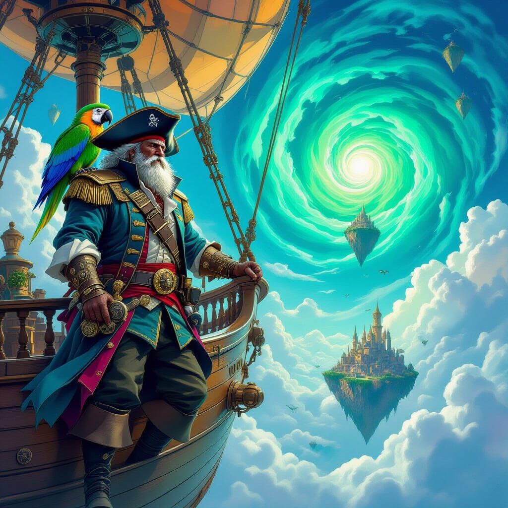 Clockwork Parrot Pirate Captain on Airship Over Magic Vortex