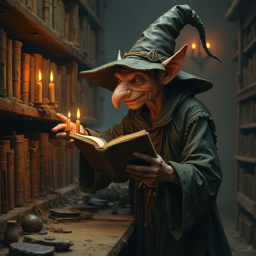 Mystical Goblin Thief in a Dimly Lit Library