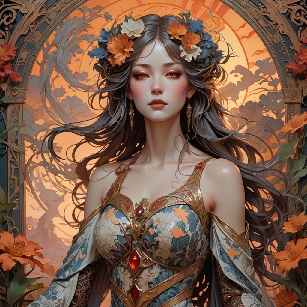 Ethereal Vampire Queen in Majolica Flora, Pencil Illustratio...