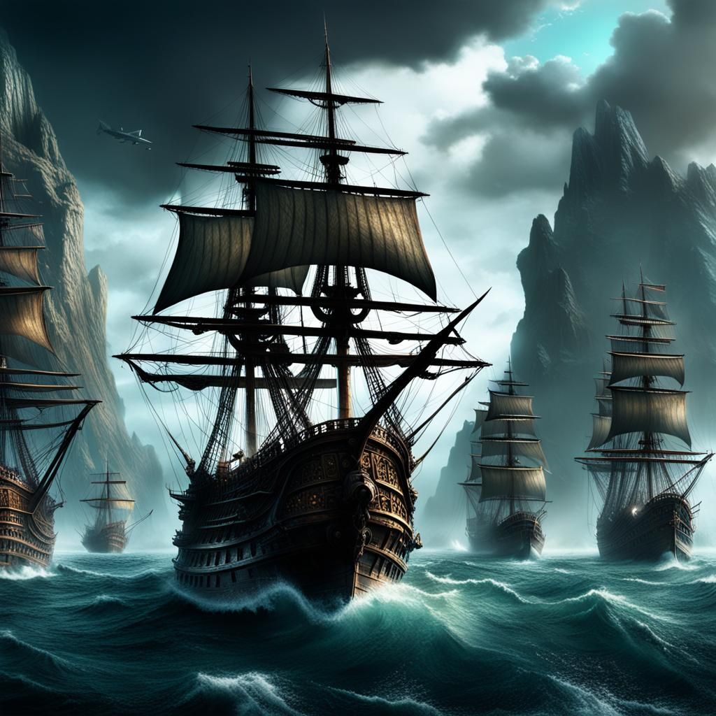 Pirate Fleet Navigates Rocky Seas: Digital Matte Painting