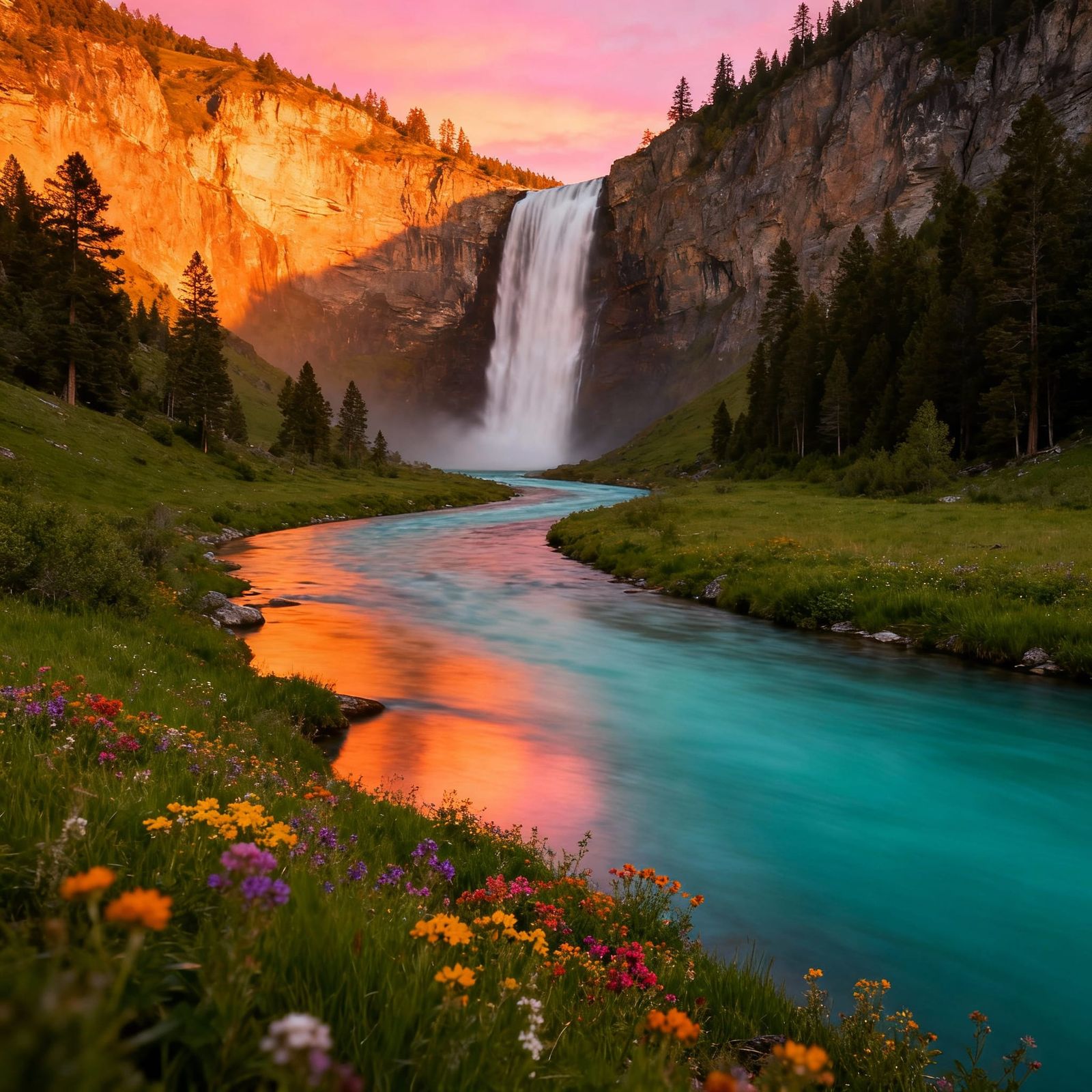 Majestic Waterfall at Sunset in Lush Valley