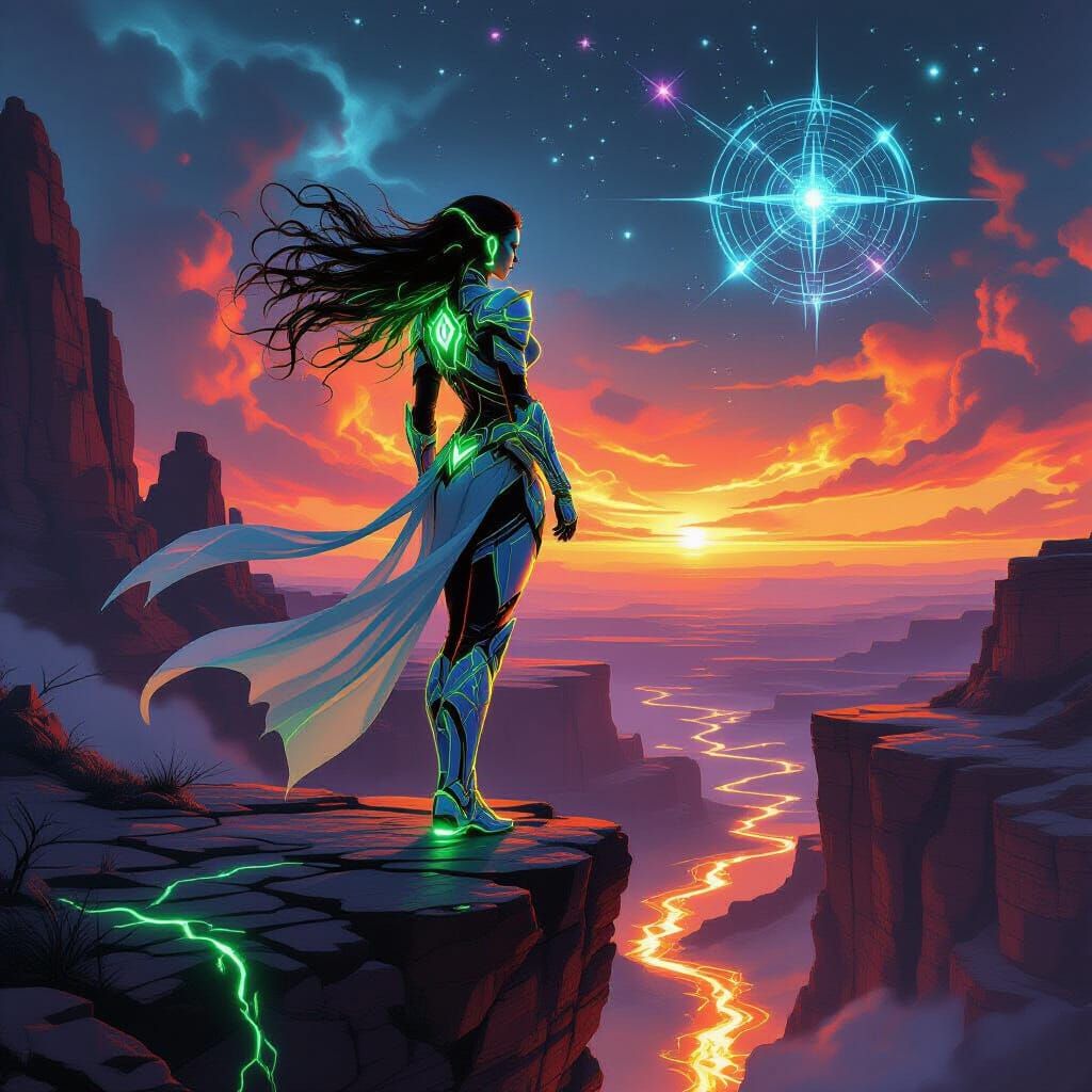 Futuristic Warrior Goddess on Glowing Canyon Ledge