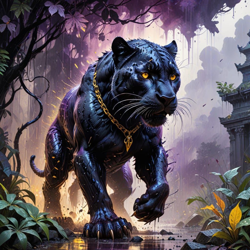 Fierce Black Panther in Dragon Armor Prows Through Rainy Jun...