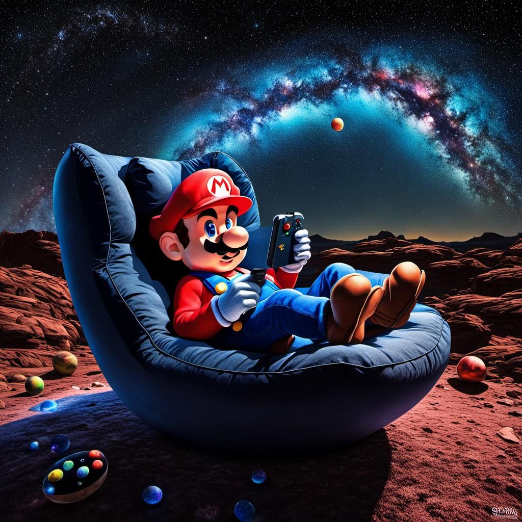 Hyperrealistic Mario Relaxing Under Starry Sky