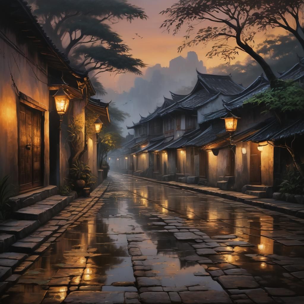 Thai Village Sunrise in Ethereal Acrylic Painting