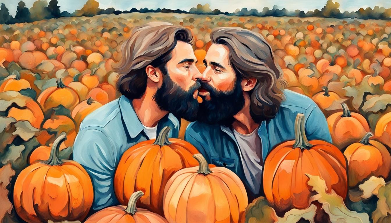 Bearded Men Kissing in Pumpkin Patch, Gouache Style