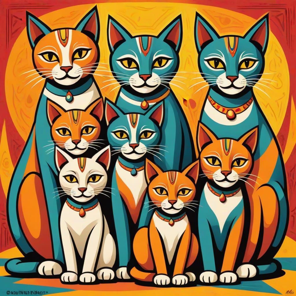Litter of Kittens in Jamini Roy Style