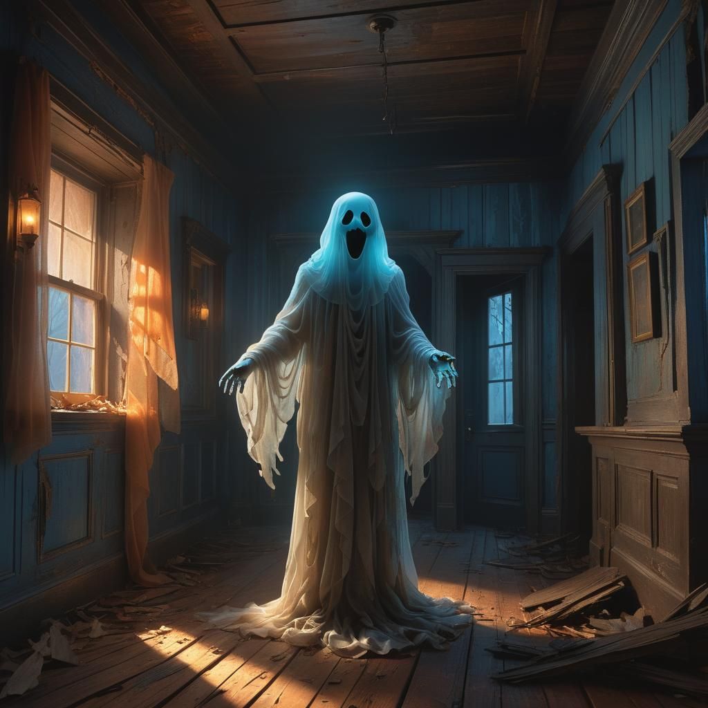 Ethereal Ghost Gliding Through Haunted Mansion Concept Art