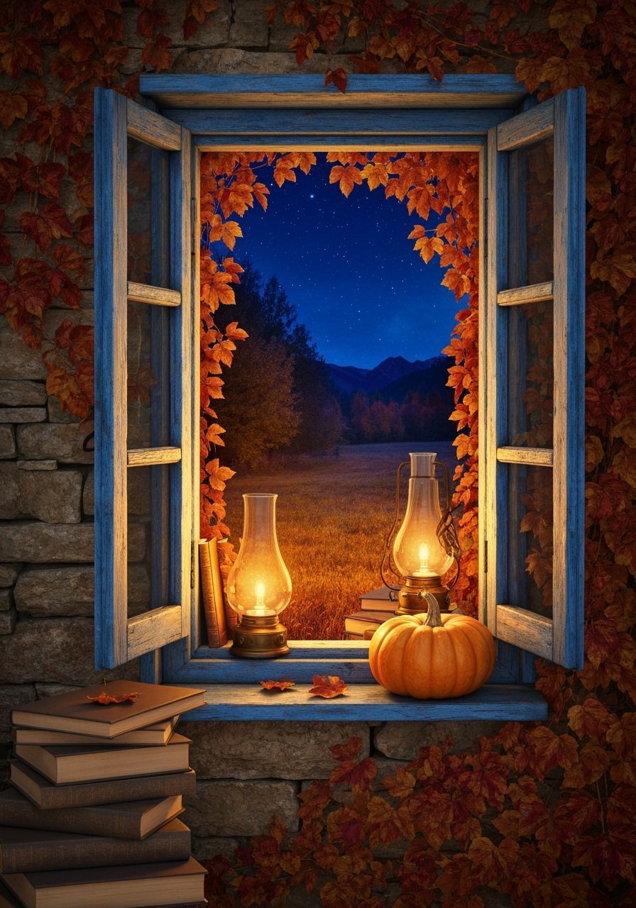 Cozy Autumn Night Through Rustic Window