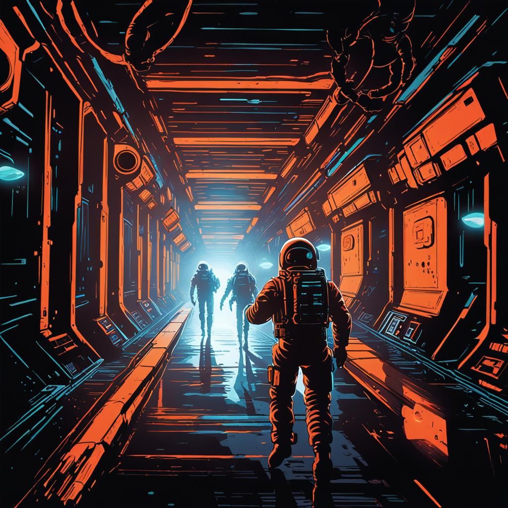 Astronauts Battle Aliens in Spaceship Hallway