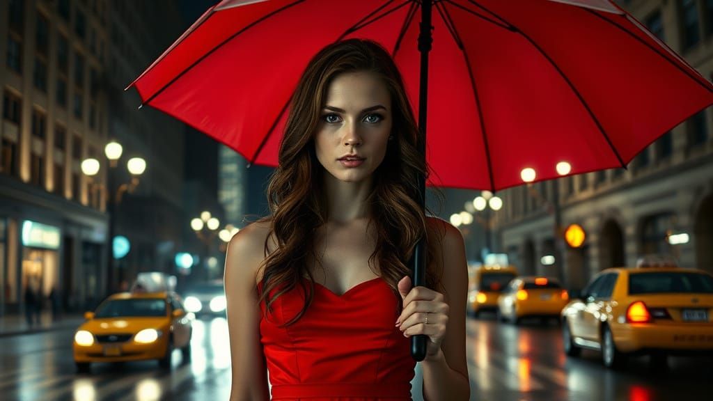 Woman in Red Dress in Rainy Cityscape, Photorealistic