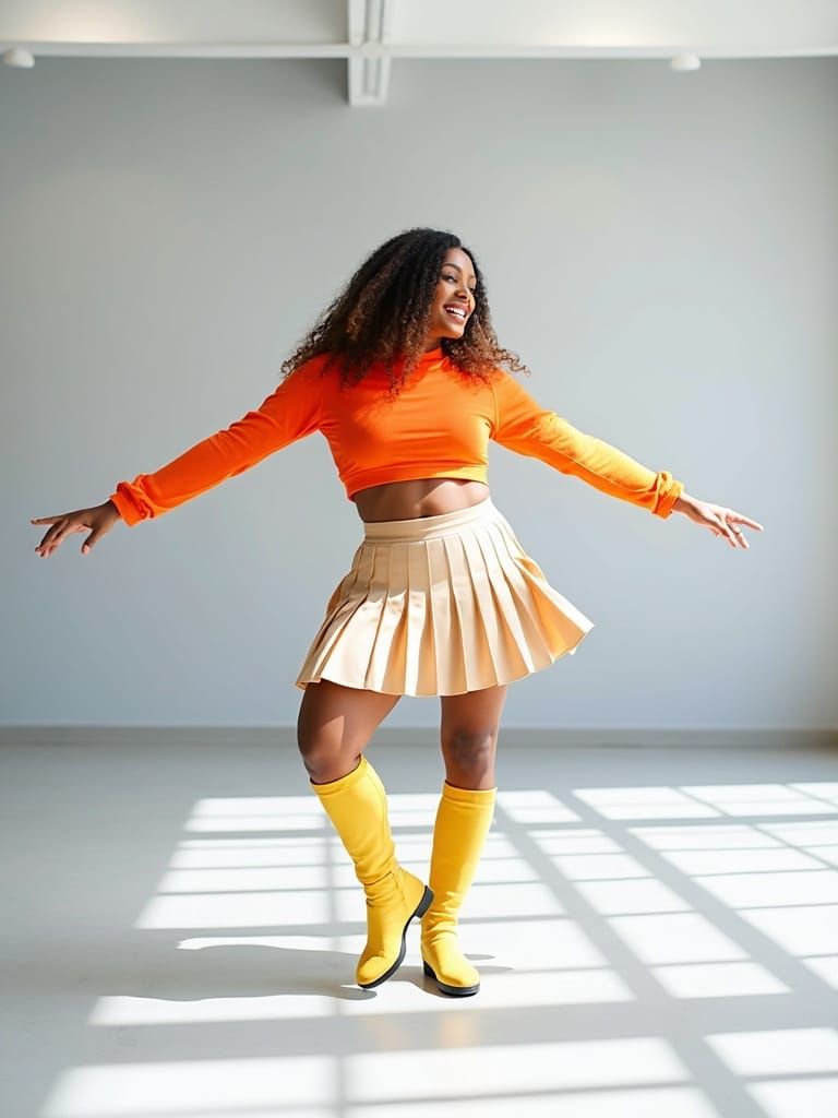 Cinematic Portrait of Playful Dancer in Bright Studio