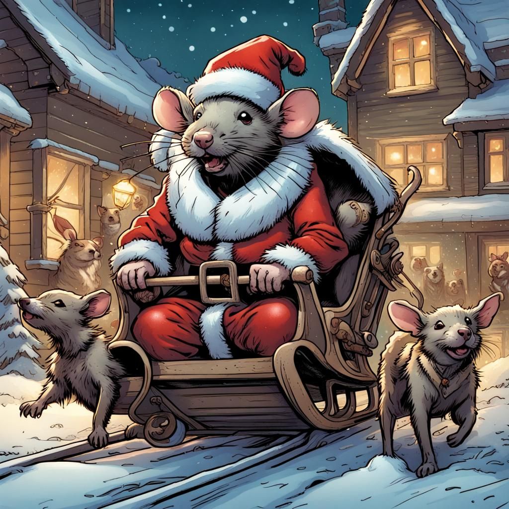 Rat in Santa Suit with Dog Sled, Comic Art