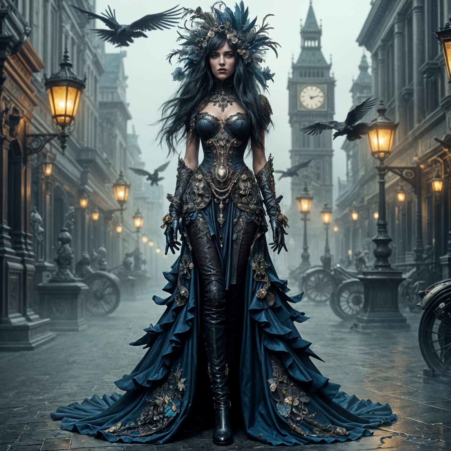 Elegant Steampunk Lady in Victorian Era Gown with Gothic Arc...